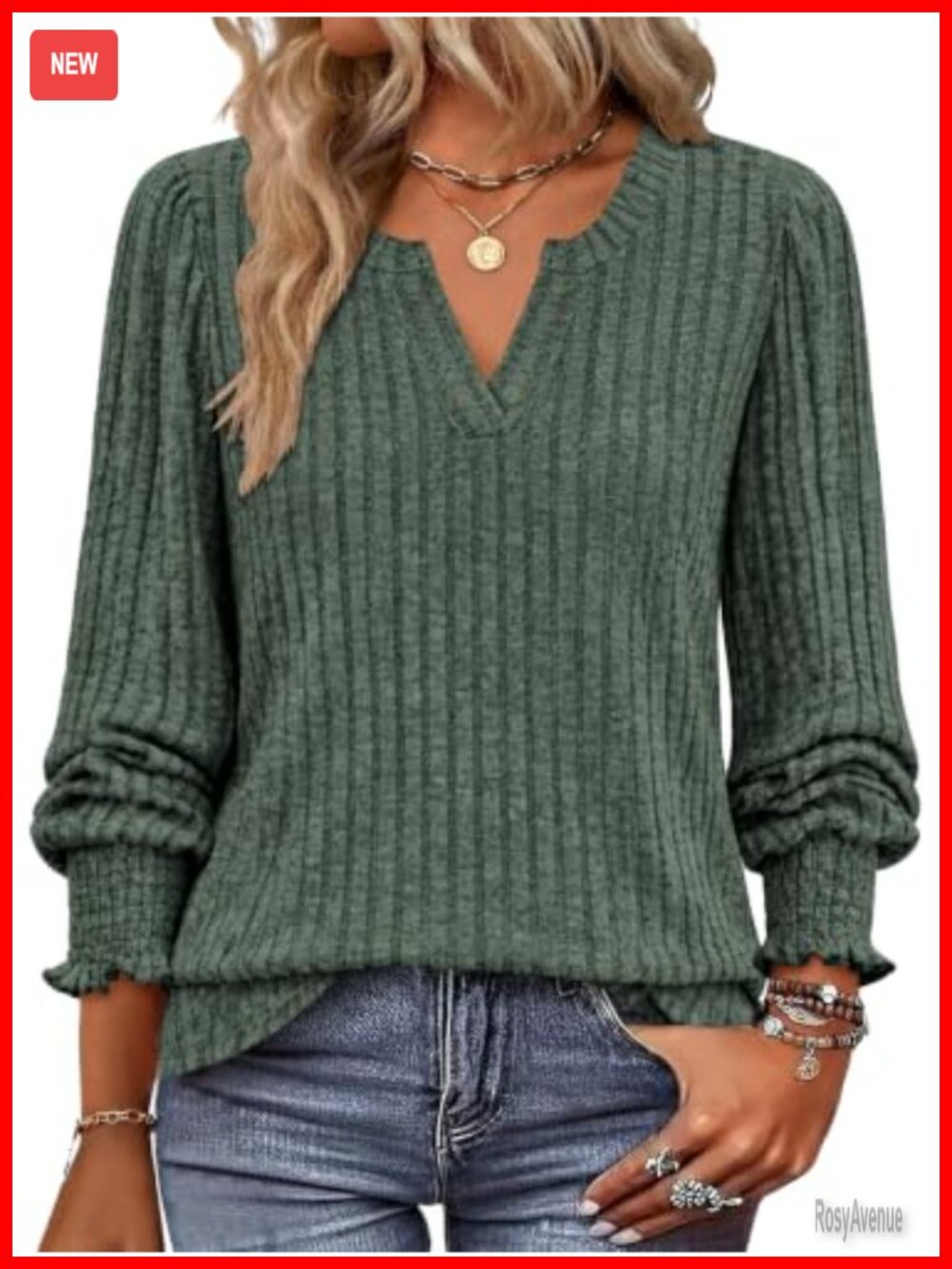 Womens Ribbed Knit Split V-Neck Long Sleeve Sweater Pullover